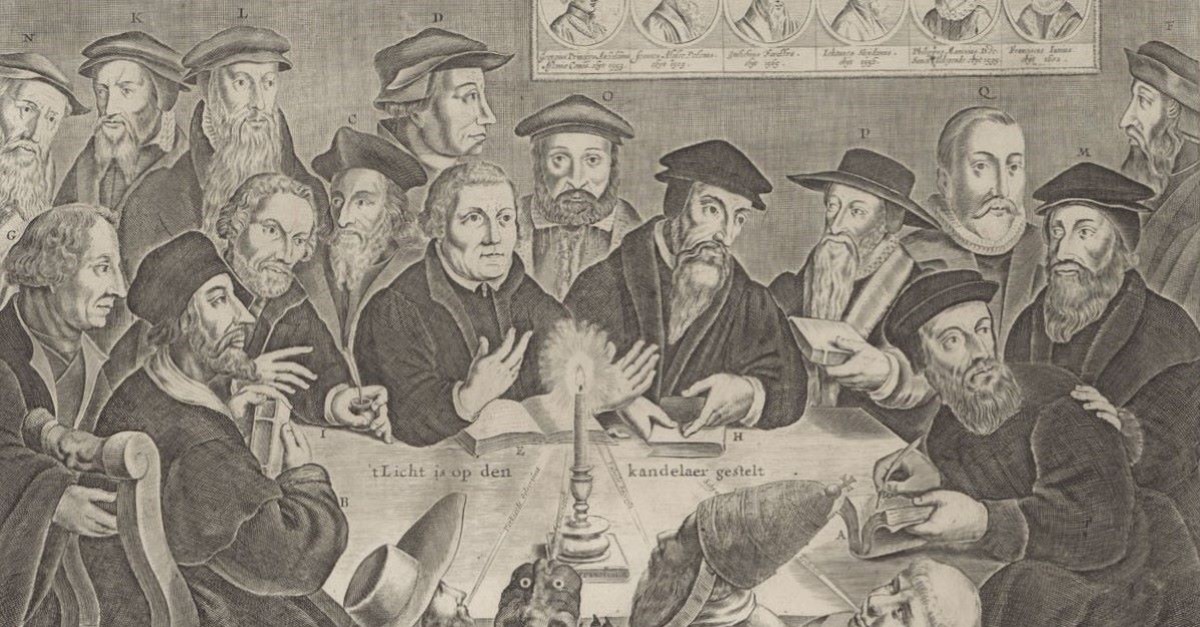 illustration of all the Protestant Reformers together at one table